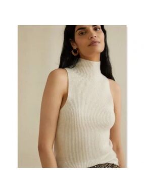 Maeve Anthropologie Cashmere Ribbed Sleeveless Turtleneck Sweater - Cream